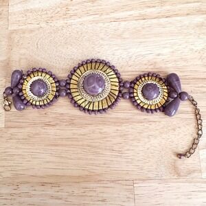 Vintage Purple Gold Sunburst Cuff Bracelet Amethyst Glass Cabochon Lotus‎ Mark
